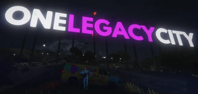 Beleuchteter One-Legacy-City-Schriftzug über der Stadt bei Nacht