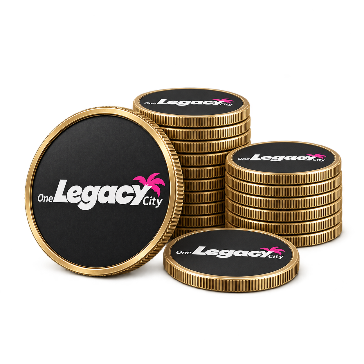 Zwei Coin-Stapel mit dem One-Legacy-City-Logo