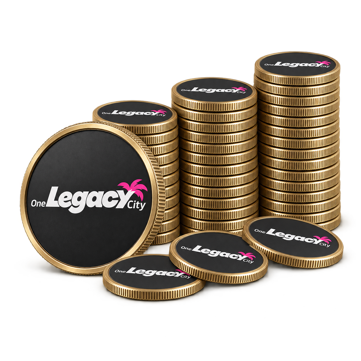 Drei große Coin-Stapel mit dem One-Legacy-City-Logo